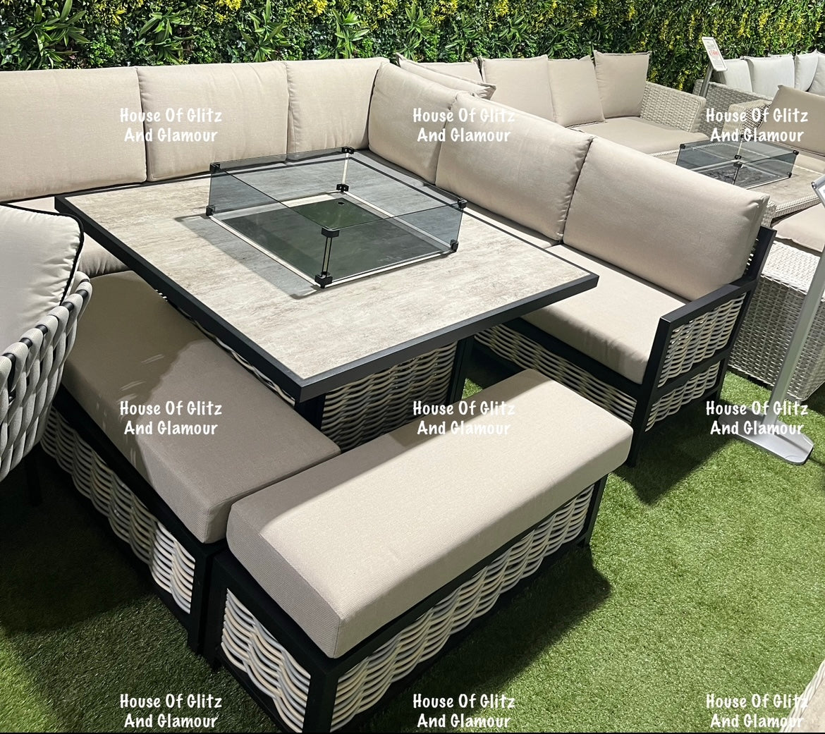 Madason Aluminium 10 Seater Corner Fire Pit Dining Table Set