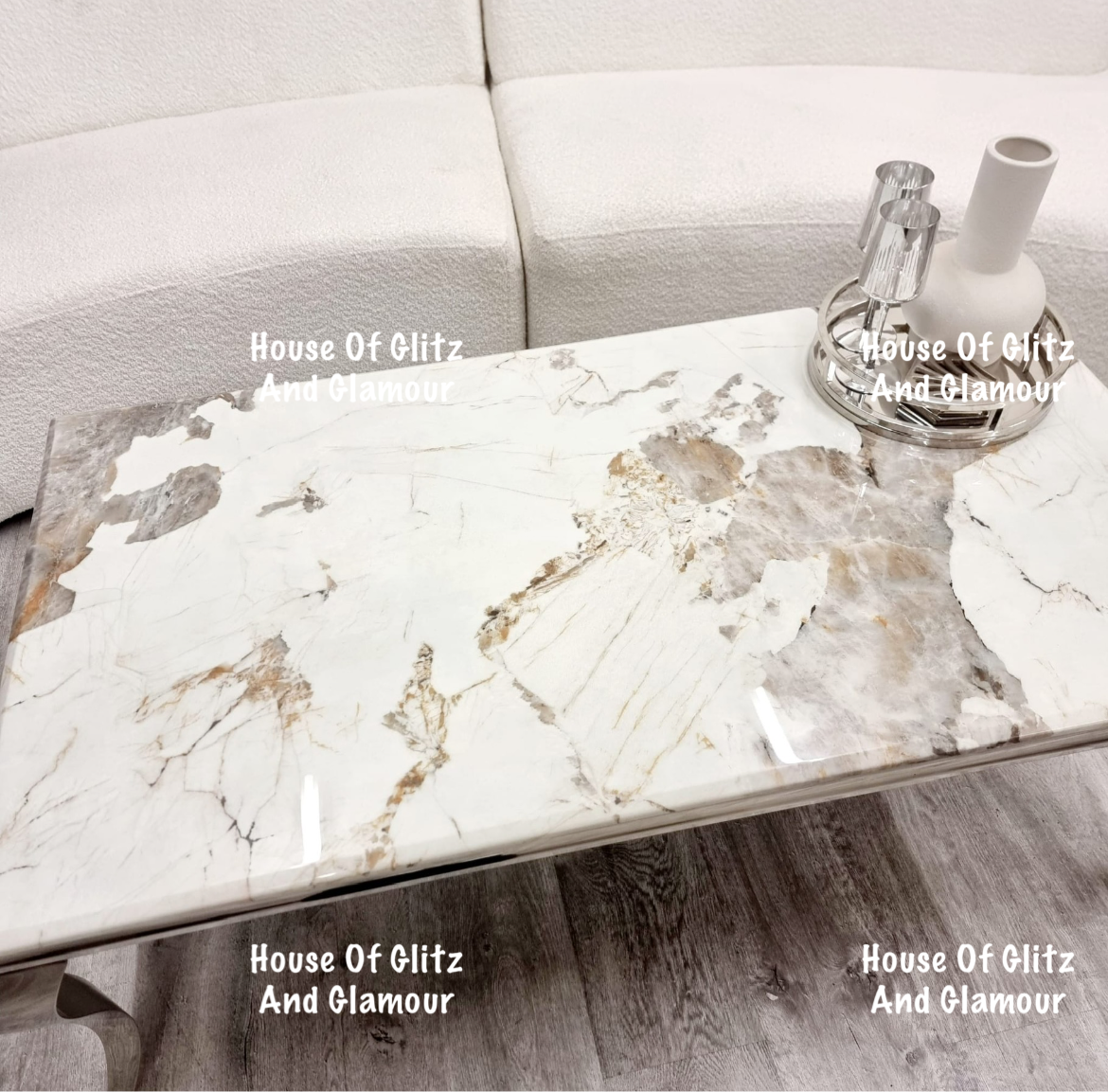 Louis Cream Coffee Table With Chrome Legs And Pandora Sintered Top (130cm x 70cm)