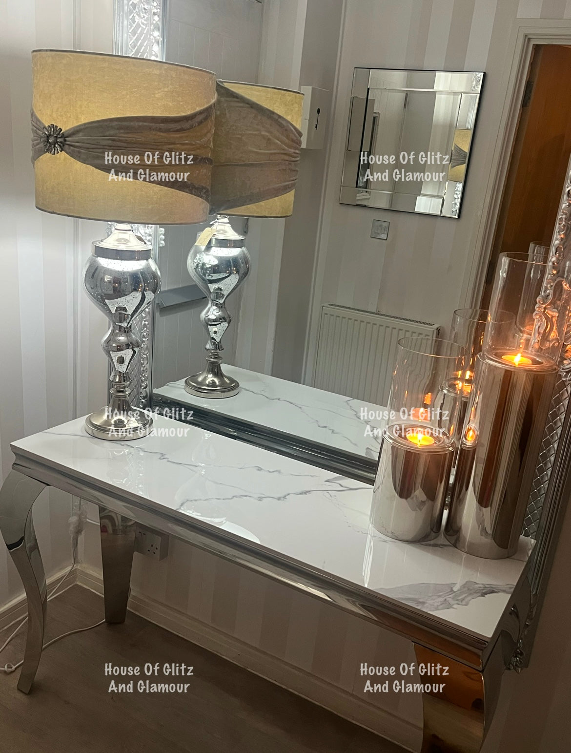 Louis White Sintered Stone & Chrome Console Table 120cm x 40cm x 75cm