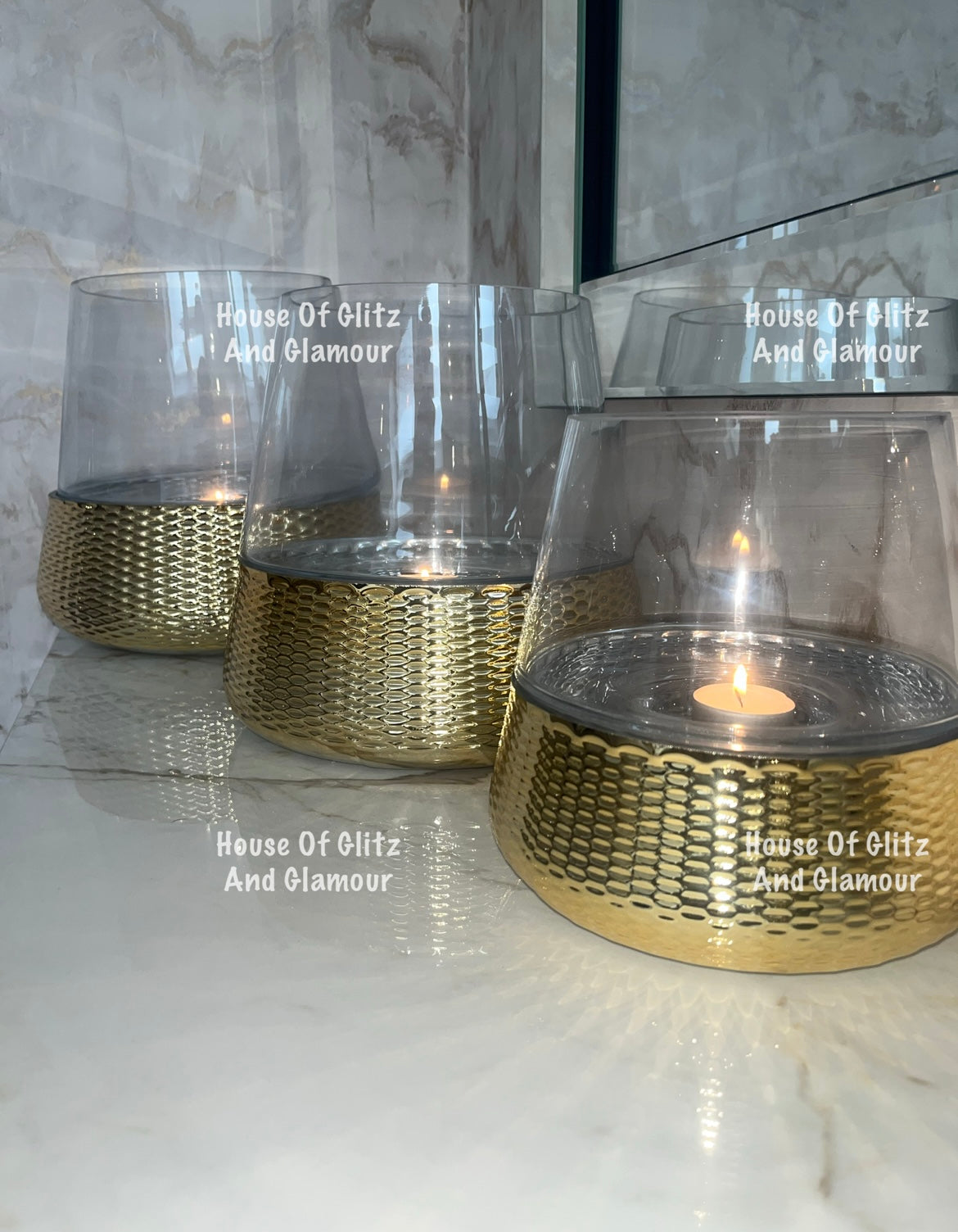 3 x Hampton small, medium & Large Gold & Glass Candle Holder/