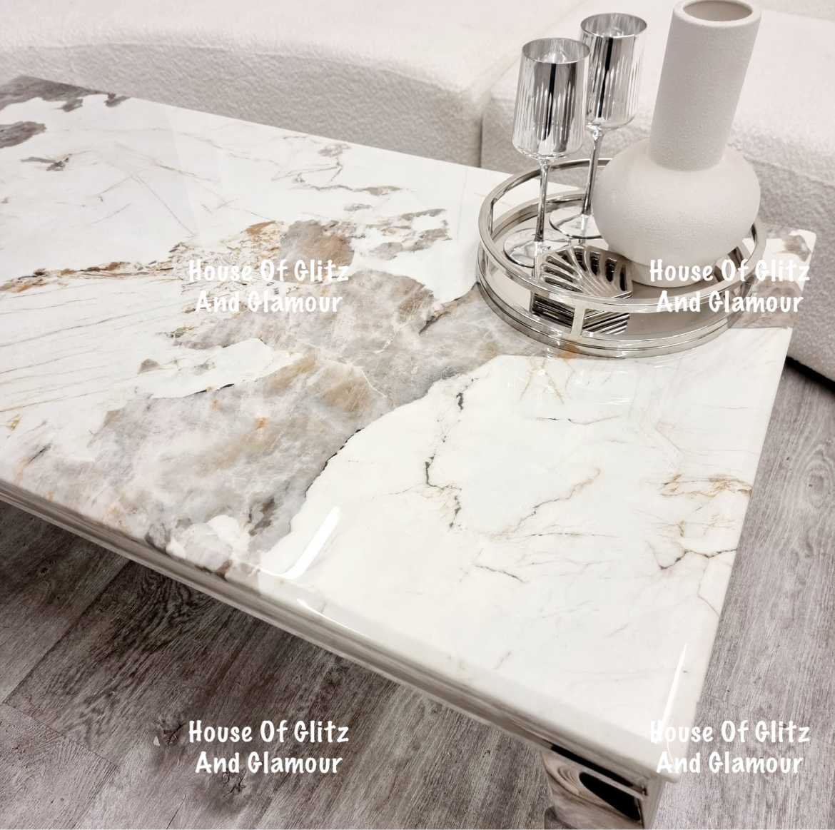 Louis Cream Coffee Table With Chrome Legs And Pandora Sintered Top (130cm x 70cm)