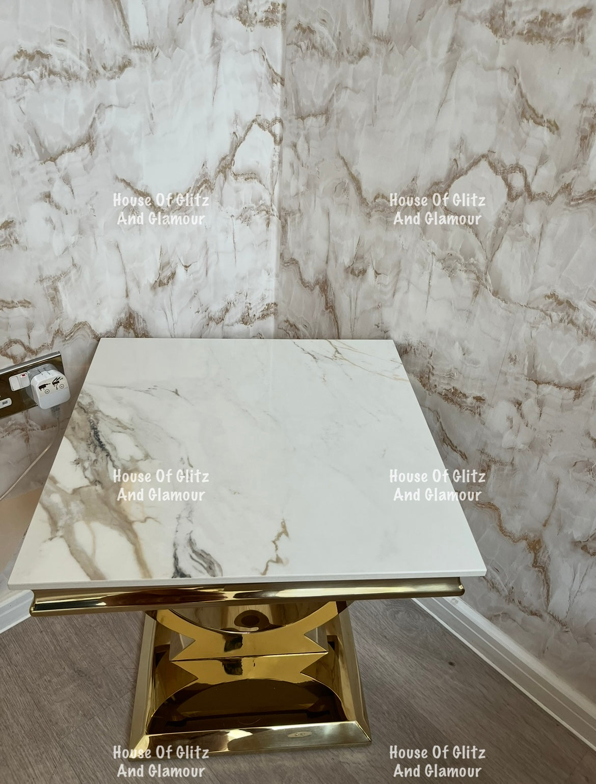 Arianna Kata Gold Marble Patterned Sintered Stone Top & Gold Circular Base Lamp / Side Table 50cm x 50cm