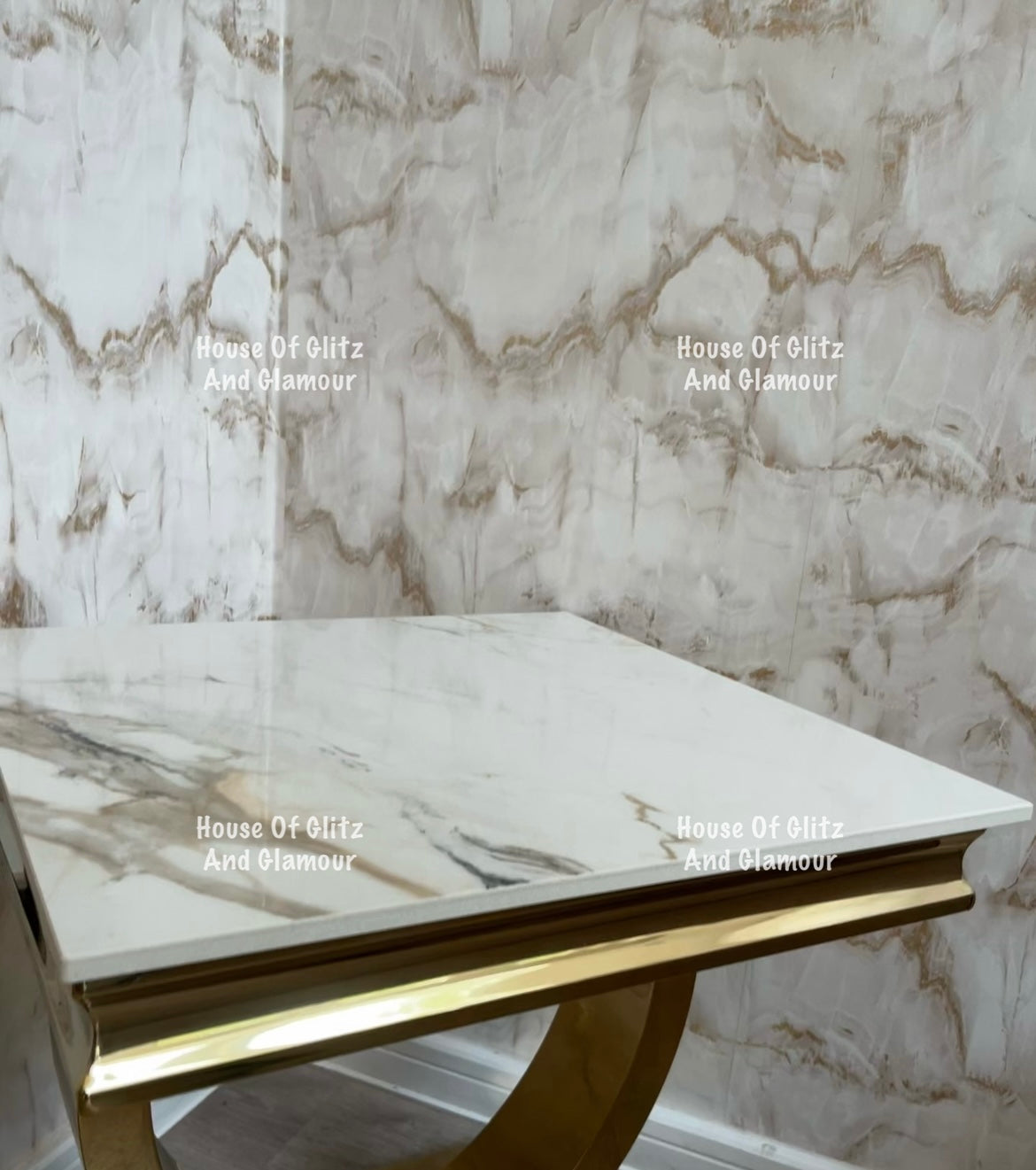 Arianna Kata Gold Marble Patterned Sintered Stone Top & Gold Circular Base Lamp / Side Table 50cm x 50cm