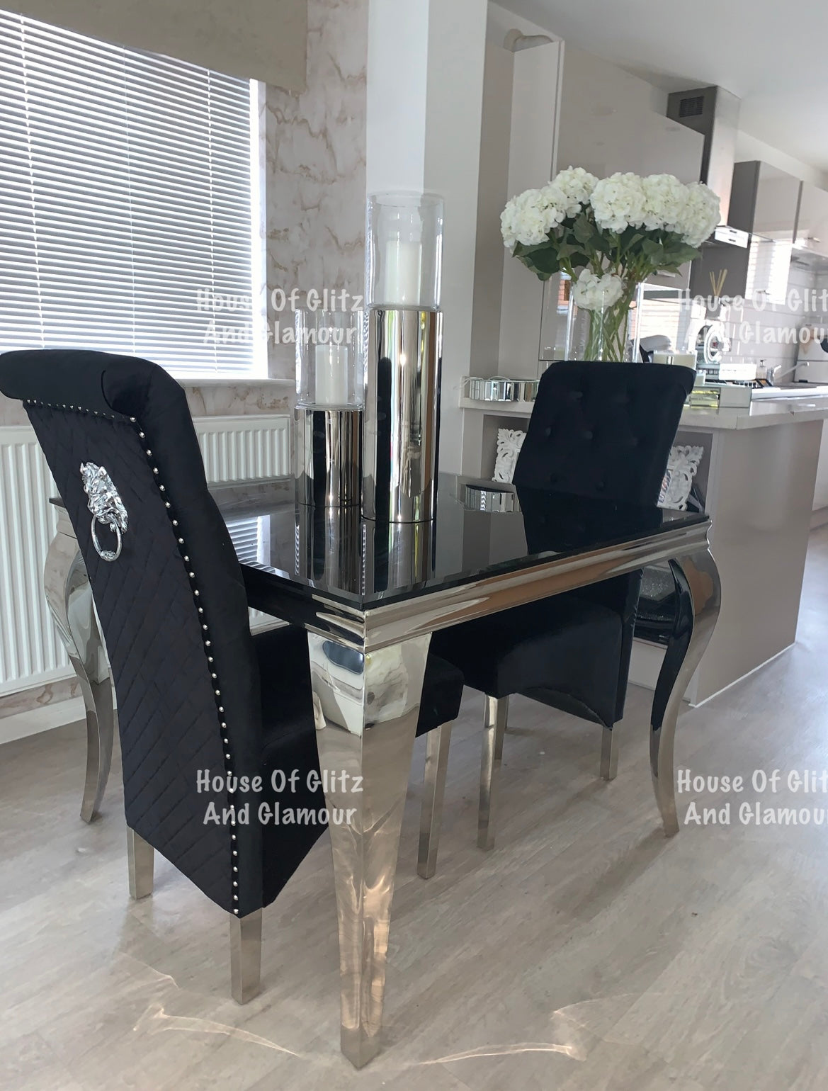 Louis Black Square 1m x 1m Glass & Chrome Dining Table + 4 Lou Lou Black & Chrome Lion Knocker Chairs