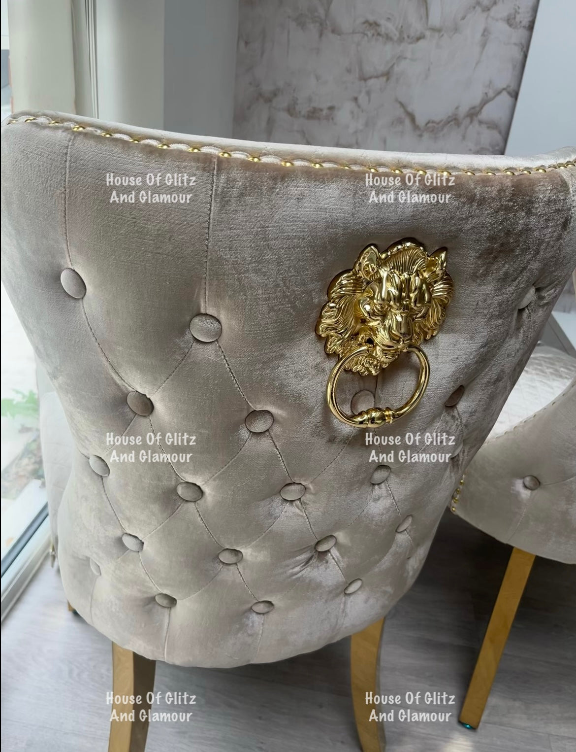Valentina Mink Champagne Crushed Velvet & Gold Lion Knocker Winged Back Quilted Dining Chair