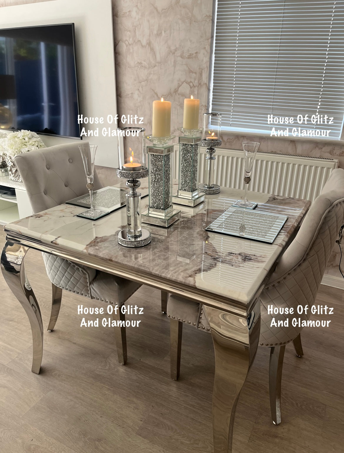 Louis Cream Dining Table With Chrome Legs And Pandora Marble Top