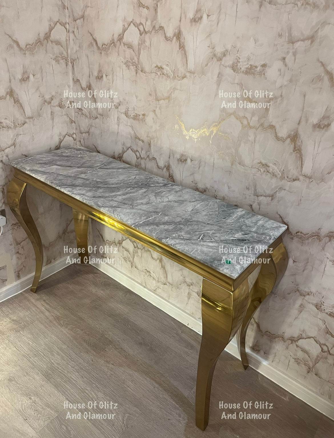 Louis Gold Console Table With Grey Marble Top  120cm x 40cm x 75cm