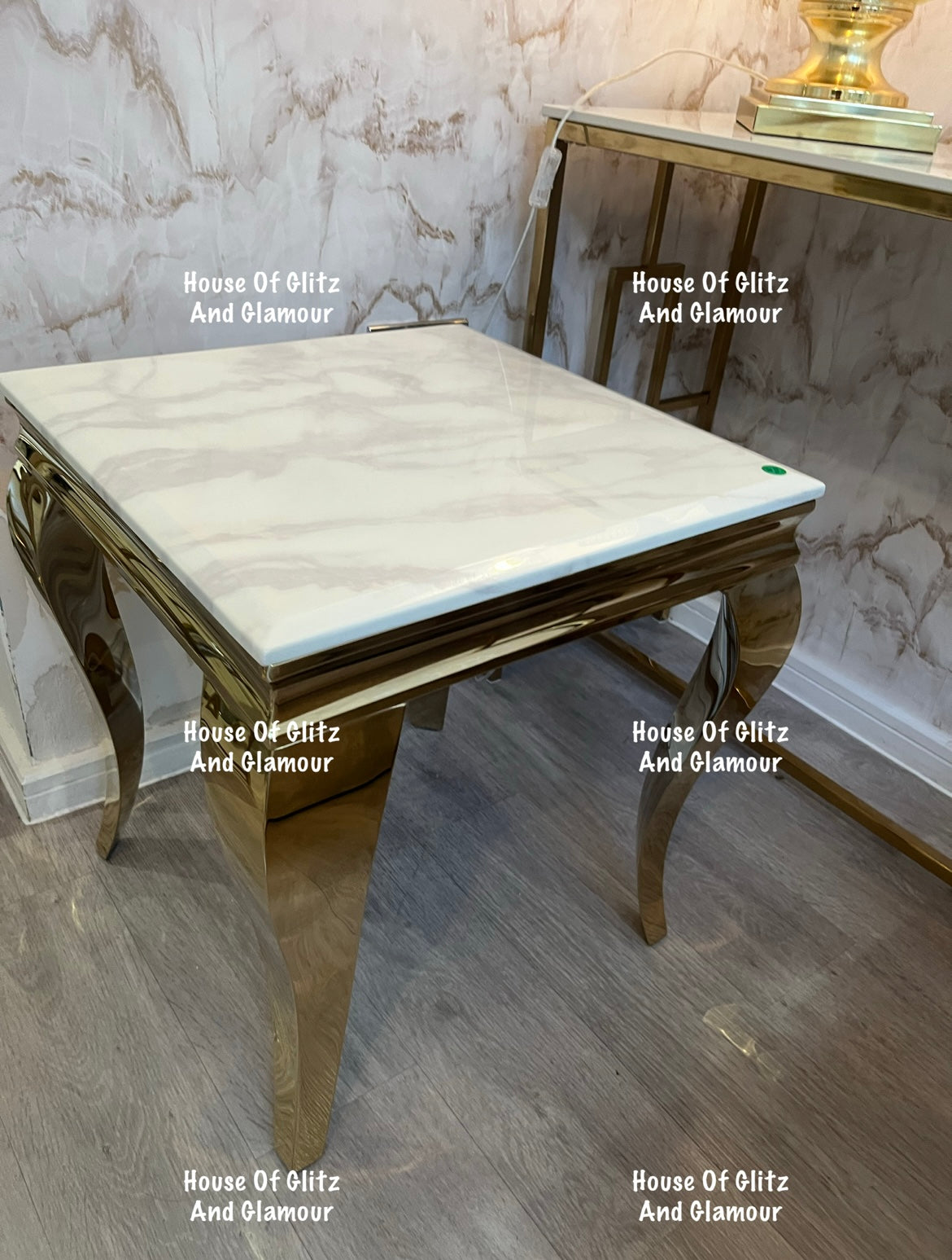 Louis Gold Lamp Table With White Marble Top 50cm x 50cm