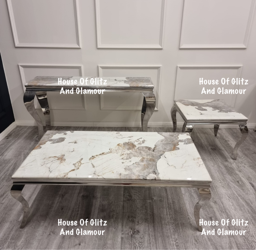 Louis Cream Coffee Table With Chrome Legs And Pandora Sintered Top (130cm x 70cm)