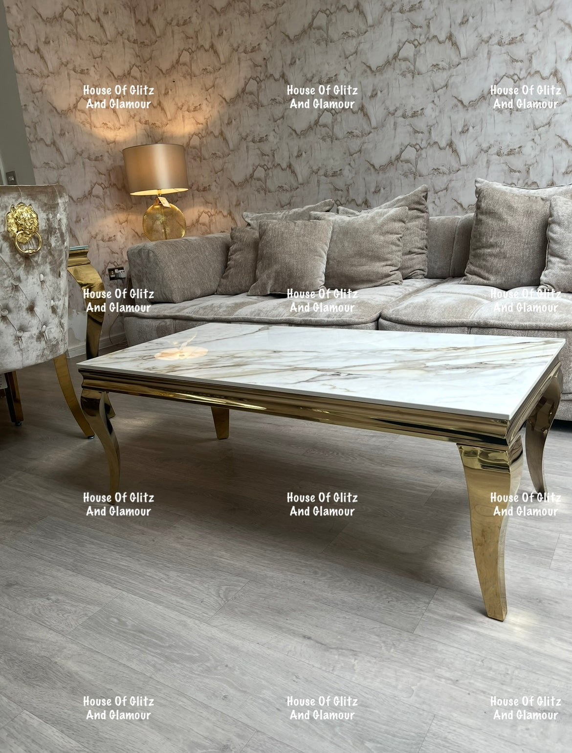 Louis Gold Coffee Table With Kata Gold Marble Patterned Ceramic Top  120cm x 60cm x 42cm