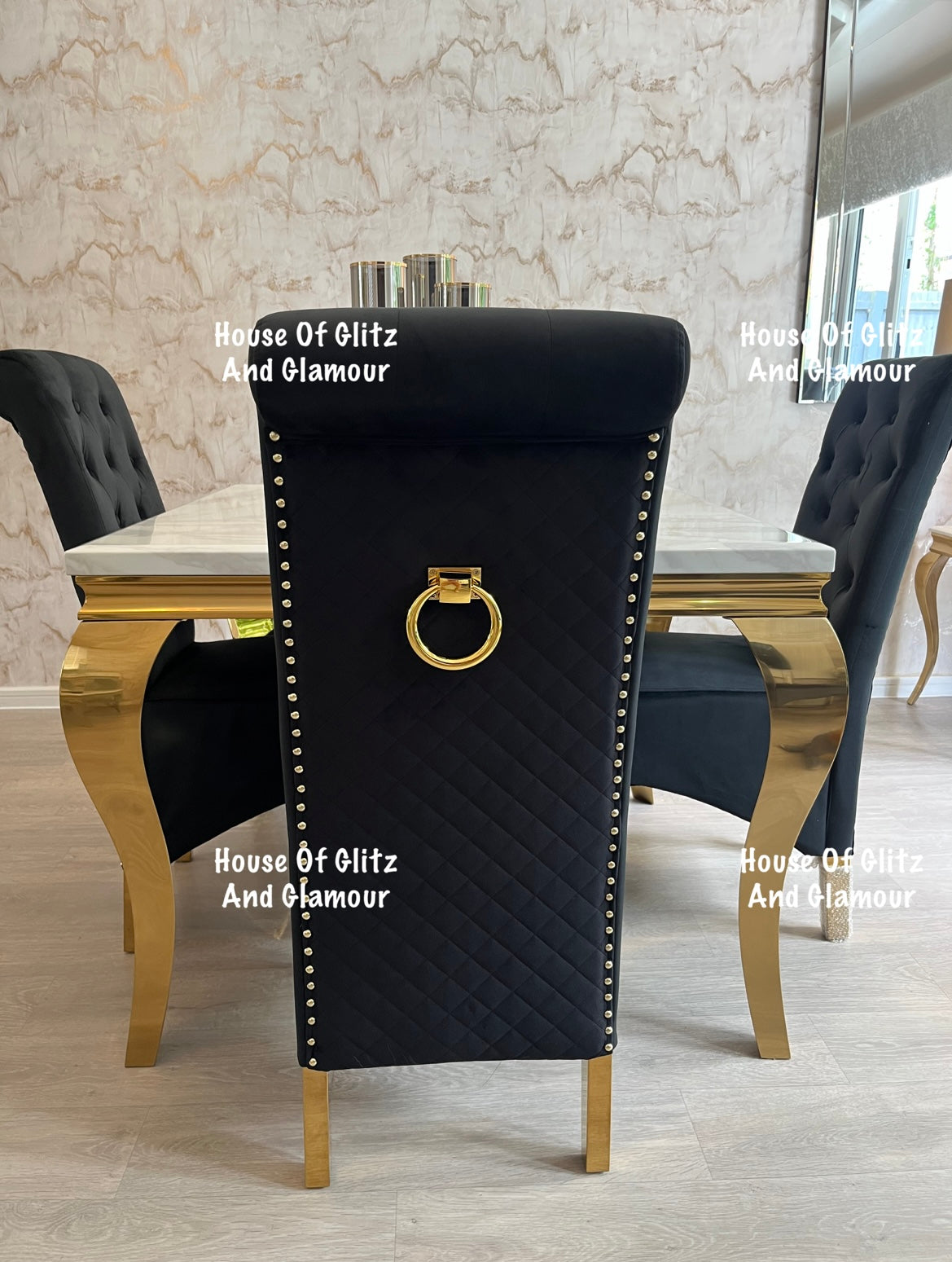 Louis White Square 1m x 1m Marble & Gold Dining Table + 4 Lou Lou Gold Ring Knocker Chairs