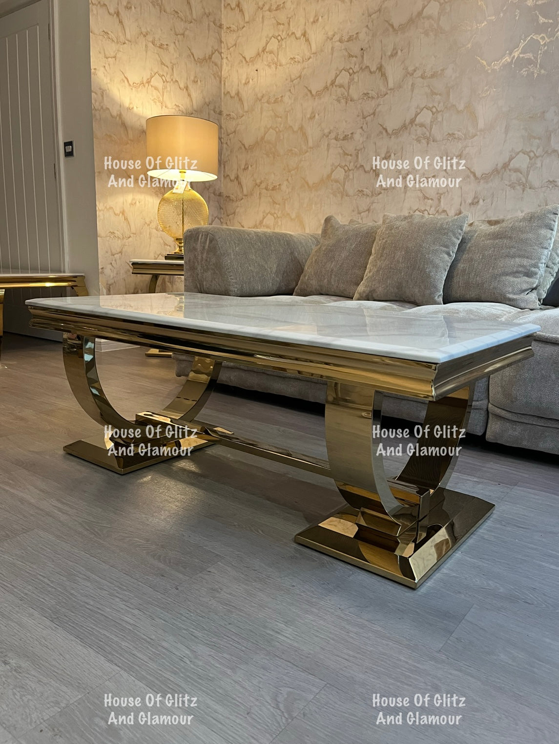 Arianna Gold & White Marble Circular Base Coffee Table 130cm x 70cm x 42cm