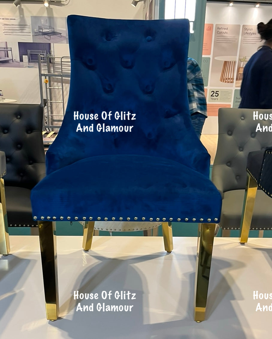 Chelsea Blue Velvet Gold Lion Knocker Back Quilted Gold Legs Dining Chair