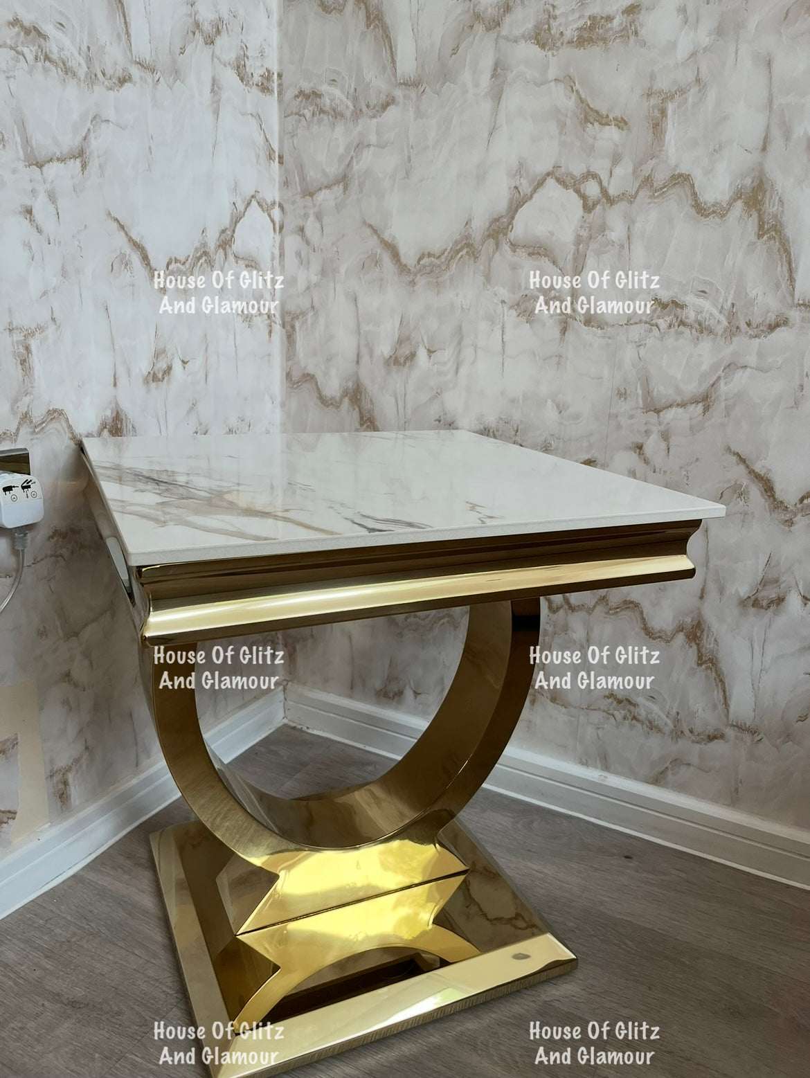 Arianna Kata Gold Marble Patterned Sintered Stone Top & Gold Circular Base Lamp / Side Table 50cm x 50cm