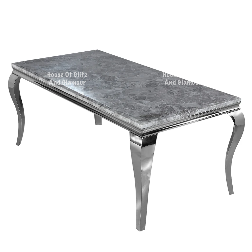 1.8m Louis Silver Grey Marble & Stainless Steel Dining Table