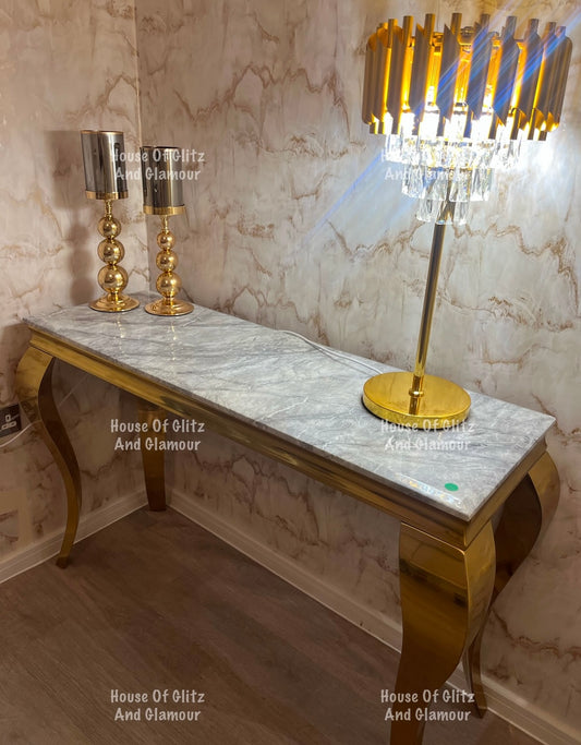 Louis Gold Console Table With Grey Marble Top  120cm x 40cm x 75cm