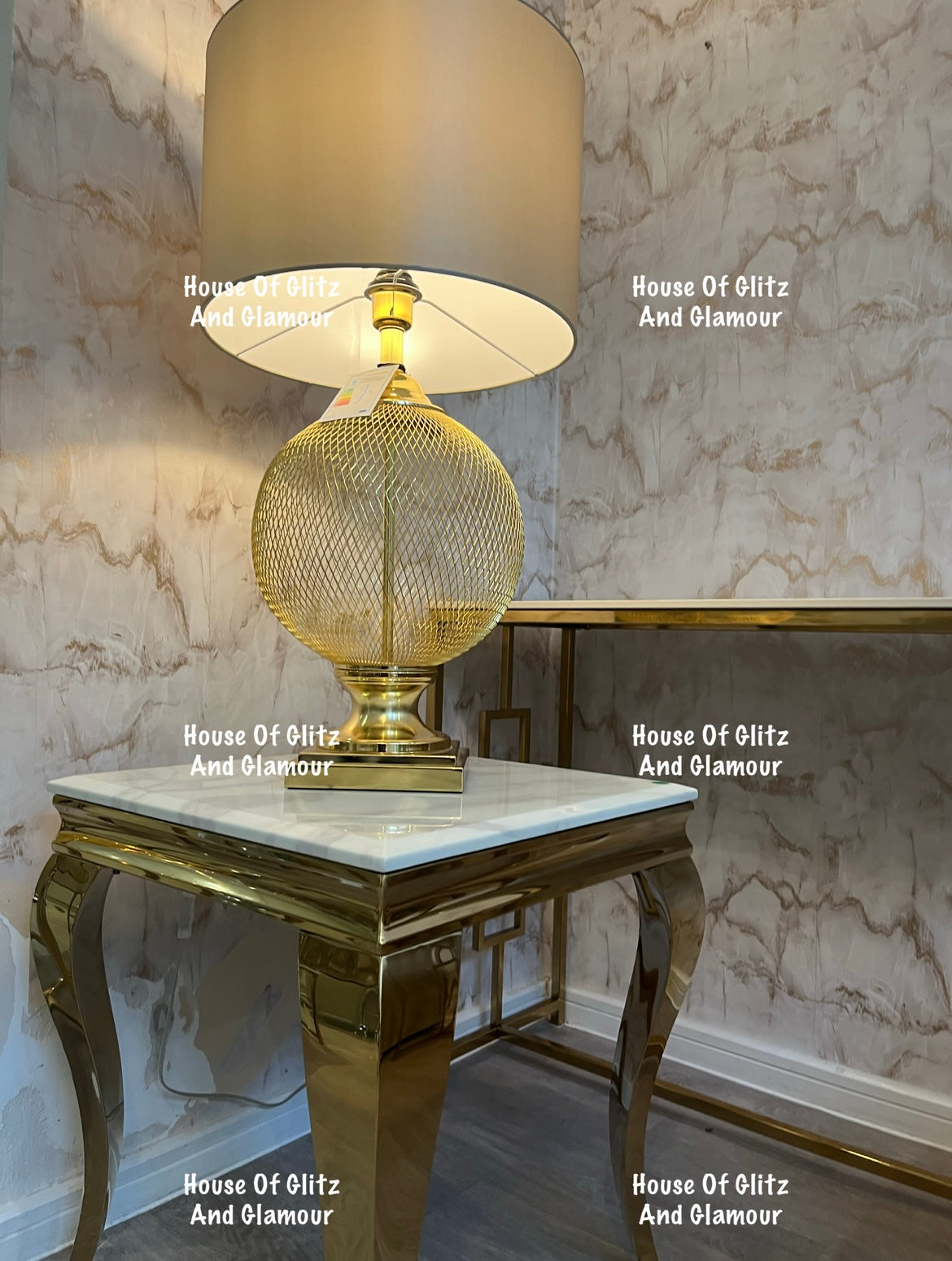 Louis Gold Lamp Table With White Marble Top 50cm x 50cm