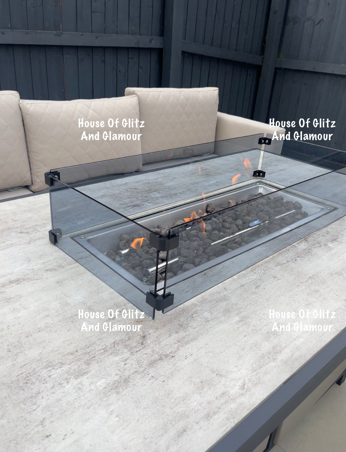 Vancouver Cream 10 Seater Aluminium L Shape Corner Sofa Dining Set with Fire Pit Table
