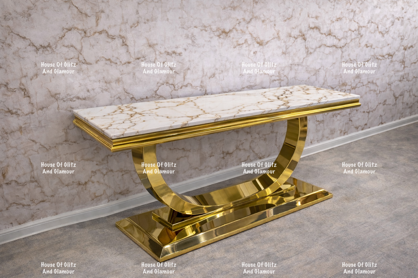 Arianna White Calacatta Effect Marble Gold Circular Base Console Table