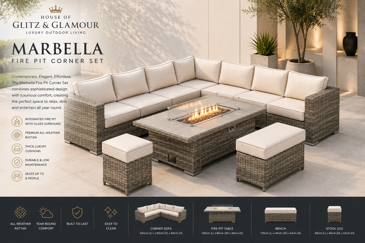 Marbella Rattan 8 Seater Corner Rising Dining Table Set with Fire Pit – Cream