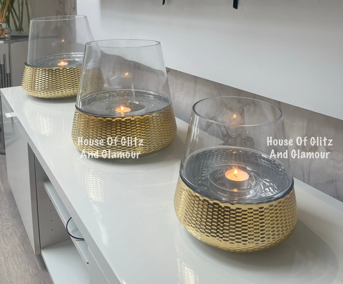 3 x Hampton small, medium & Large Gold & Glass Candle Holder/