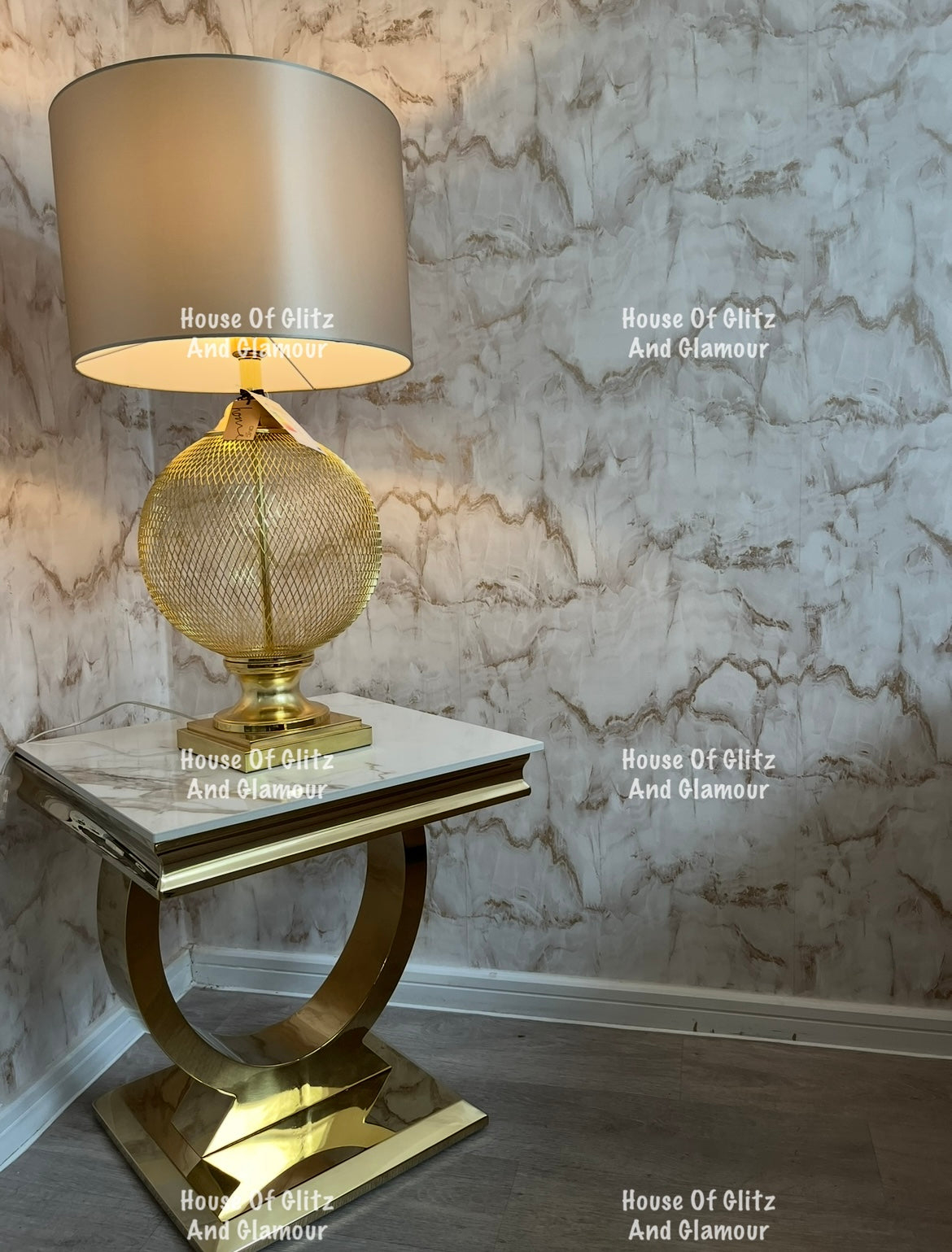 Arianna Kata Gold Marble Patterned Sintered Stone Top & Gold Circular Base Lamp / Side Table 50cm x 50cm