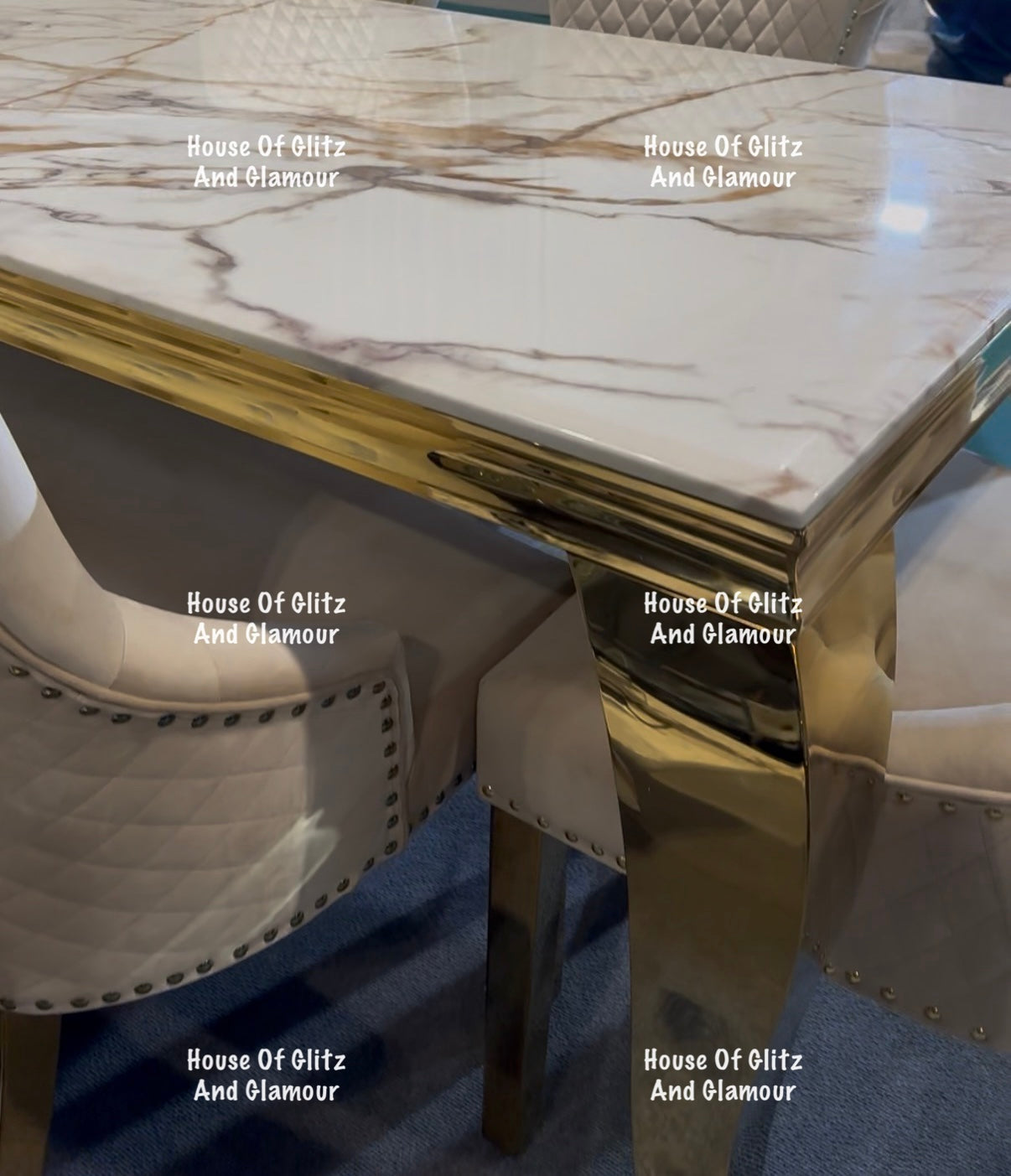 Louis White Calacatta Effect Marble Dining Table With Gold Legs