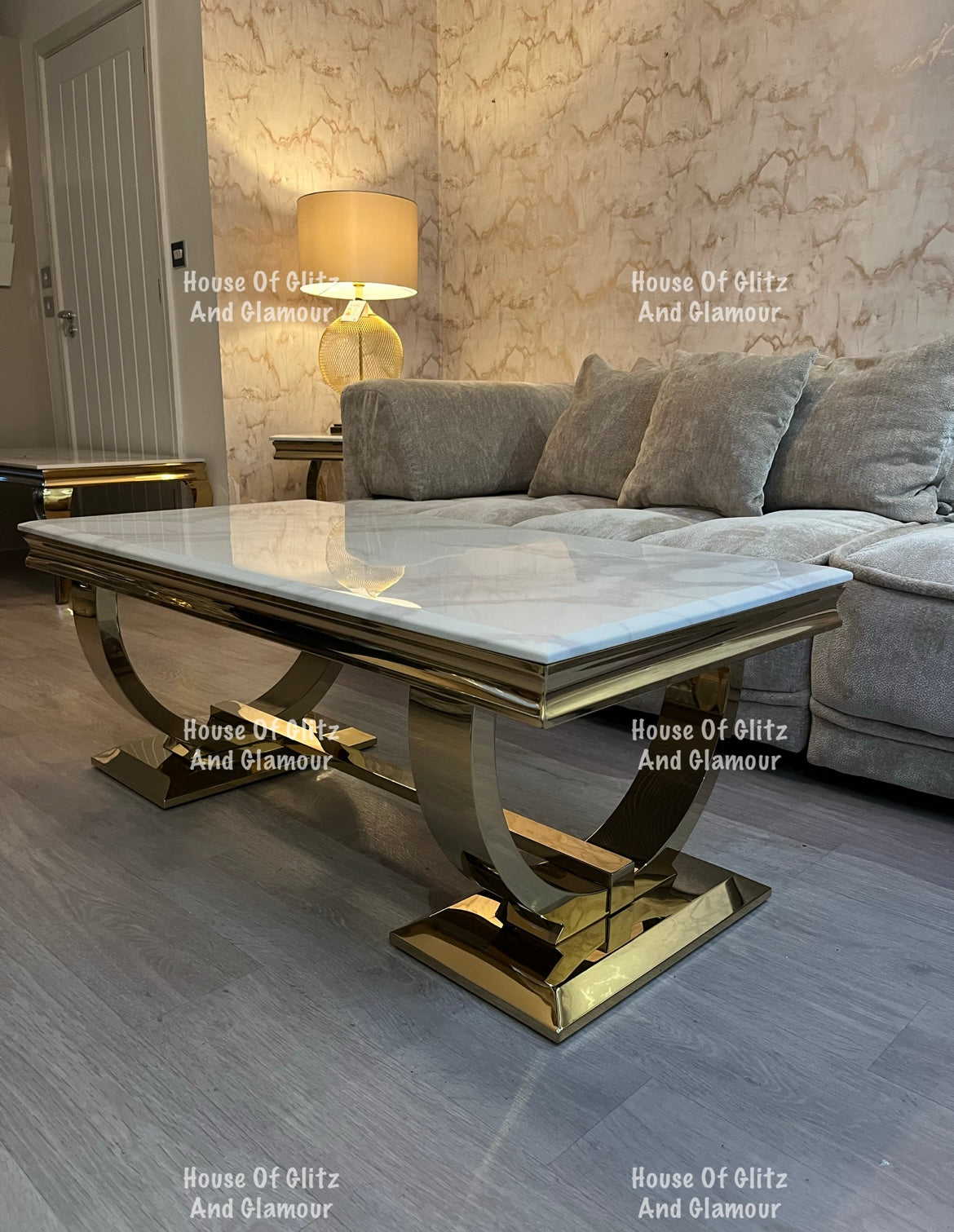 Arianna Gold & White Marble Circular Base Coffee Table 130cm x 70cm x 42cm