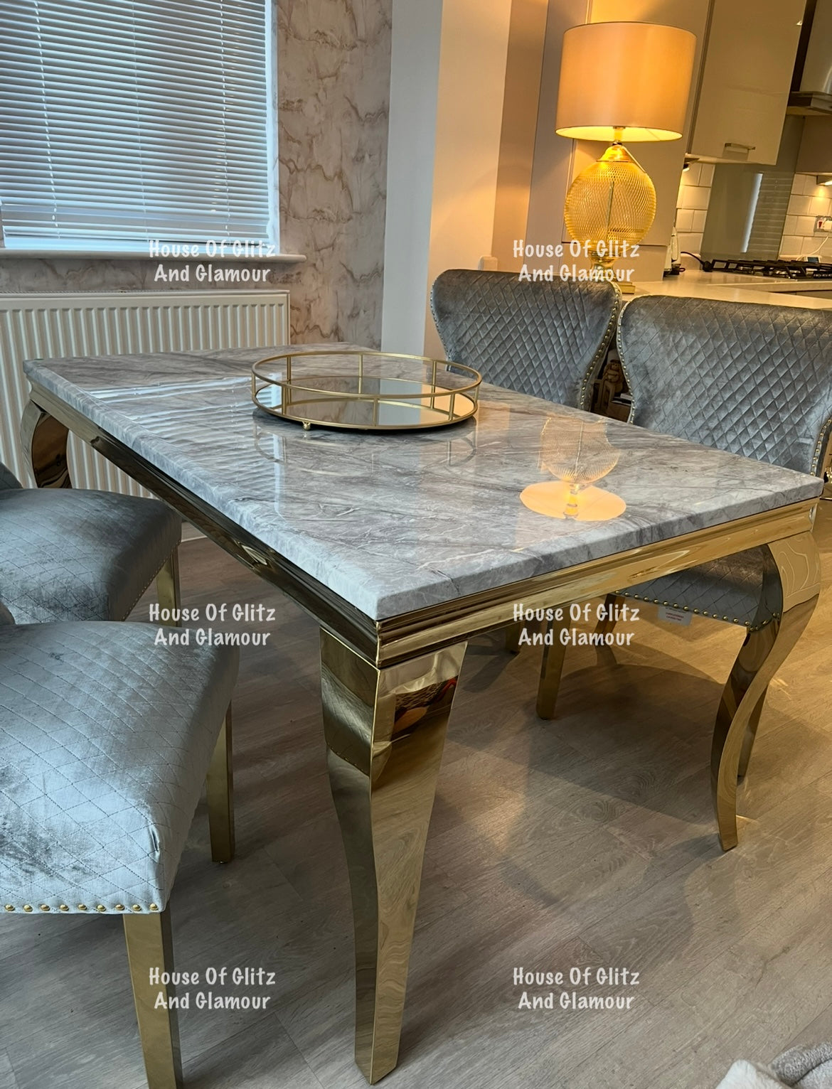 Louis 1.5 Gold Dining Table Set With Grey Marble & Grey & Gold Valentina Velvet Studded Back Dining Chairs x 4