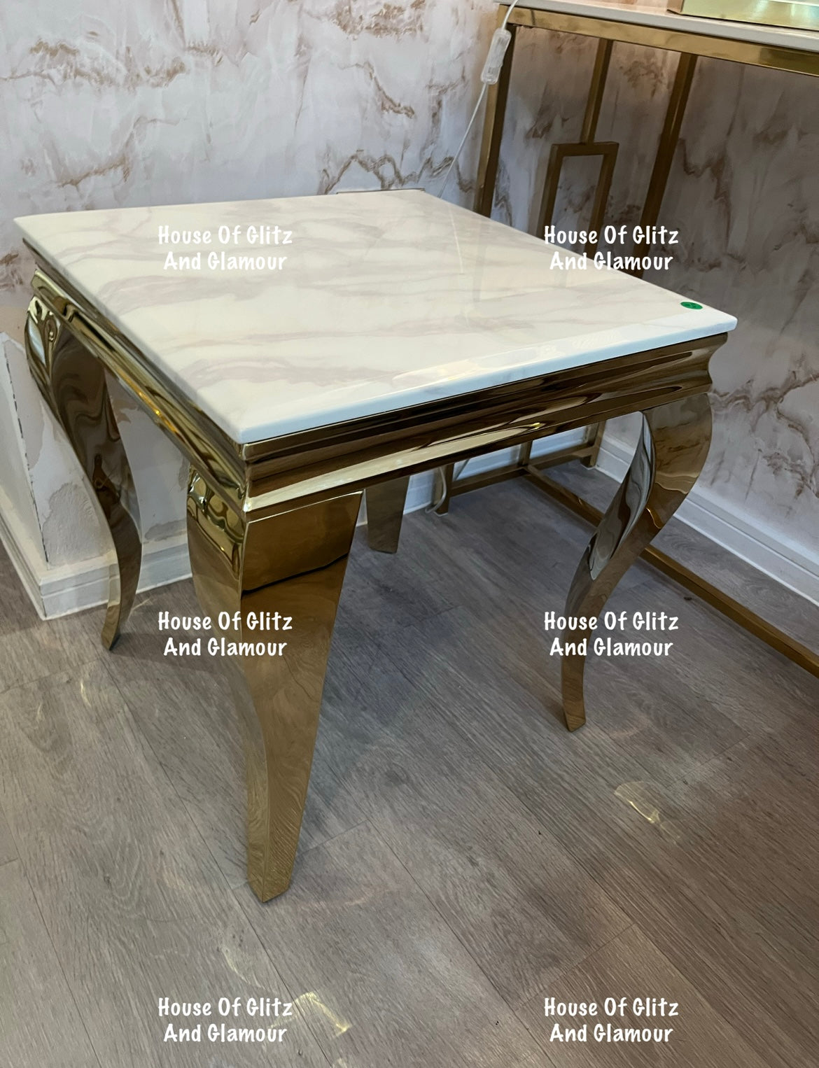 Louis Gold Lamp Table With White Marble Top 50cm x 50cm