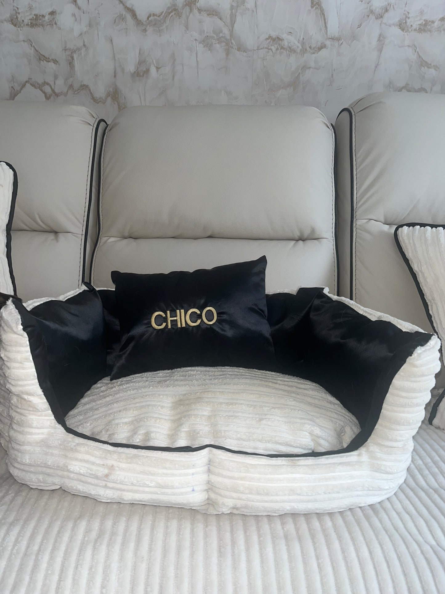 Cream And Black Customised Dog Bed