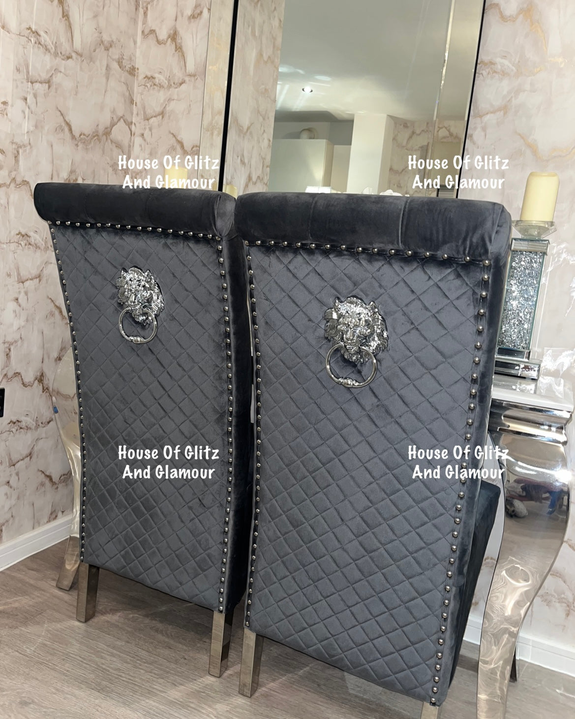 Lou Lou High Back Dark Grey Velvet Lion Knocker Back Dining Chair