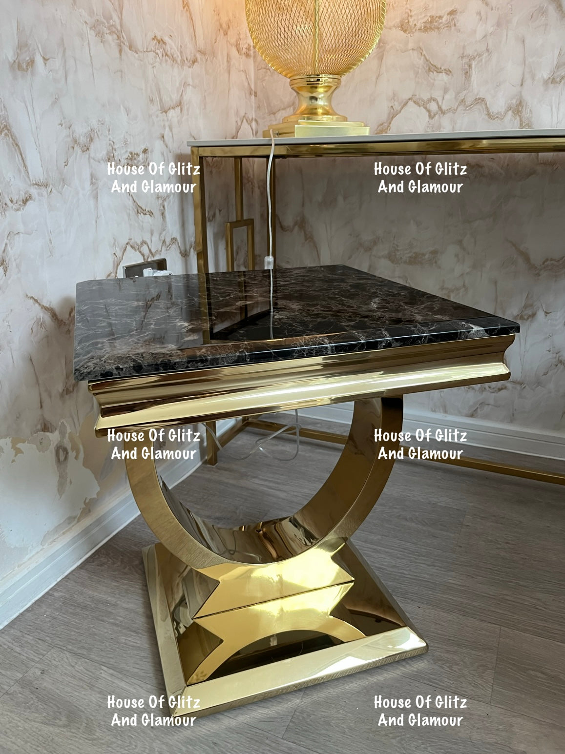 Arianna Black Marble & Gold Circular Lamp / Side Table 50cm x 50cm