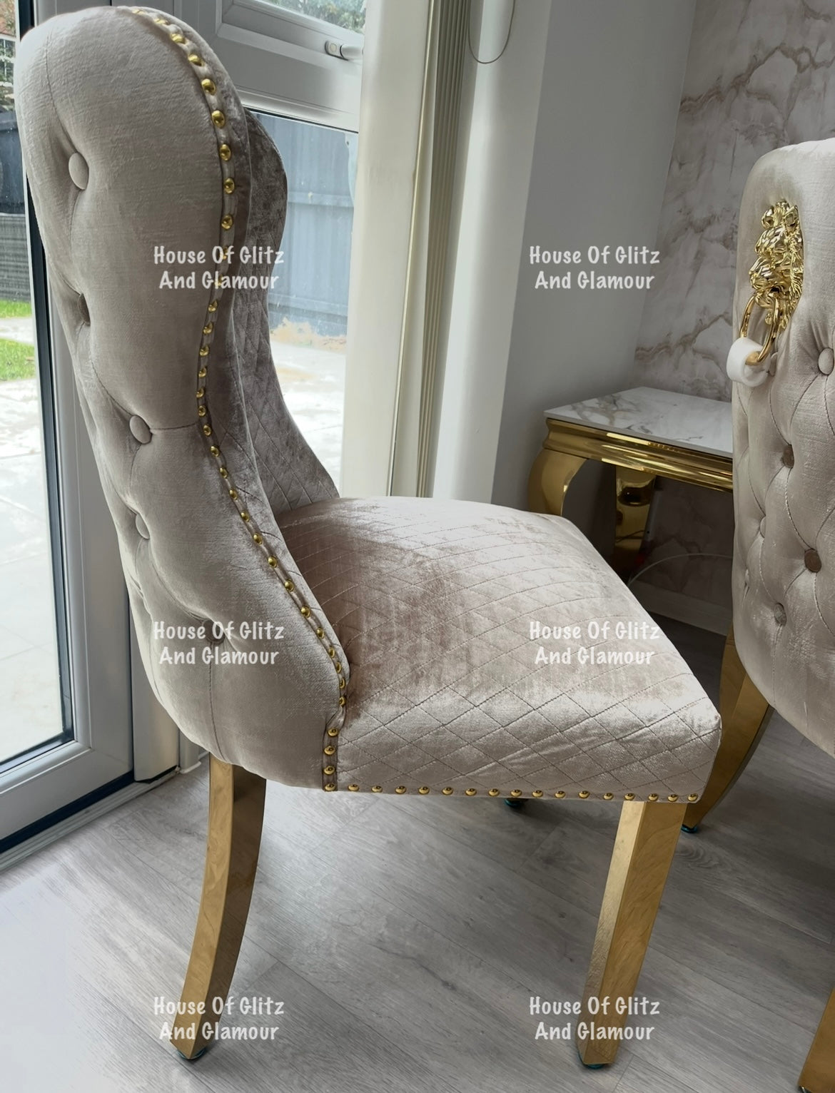 Valentina Mink Champagne Crushed Velvet & Gold Lion Knocker Winged Back Quilted Dining Chair