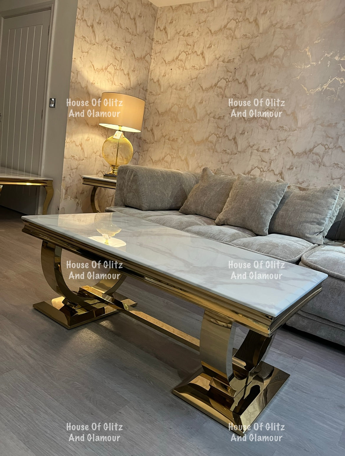 Arianna Gold & White Marble Circular Base Coffee Table 130cm x 70cm x 42cm