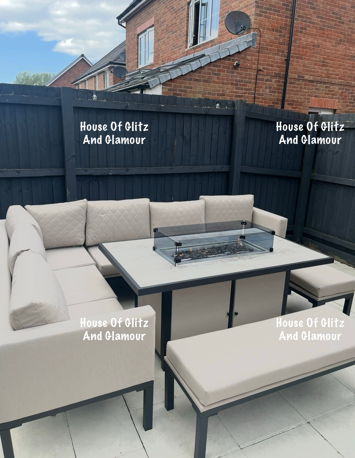 Vancouver Cream 10 Seater Aluminium L Shape Corner Sofa Dining Set with Fire Pit Table