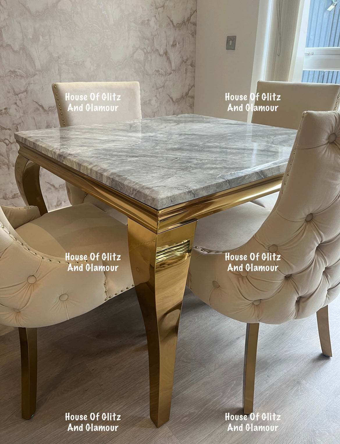 Louis 1m x 1m Grey Marble Dining Table + 4 Bentley Cream Velvet Studded Back Gold Leg Dining Chairs