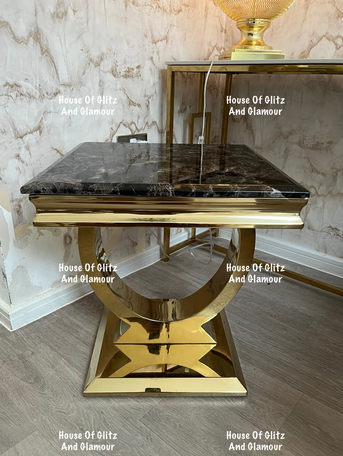 Arianna Black Marble & Gold Circular Lamp / Side Table 50cm x 50cm