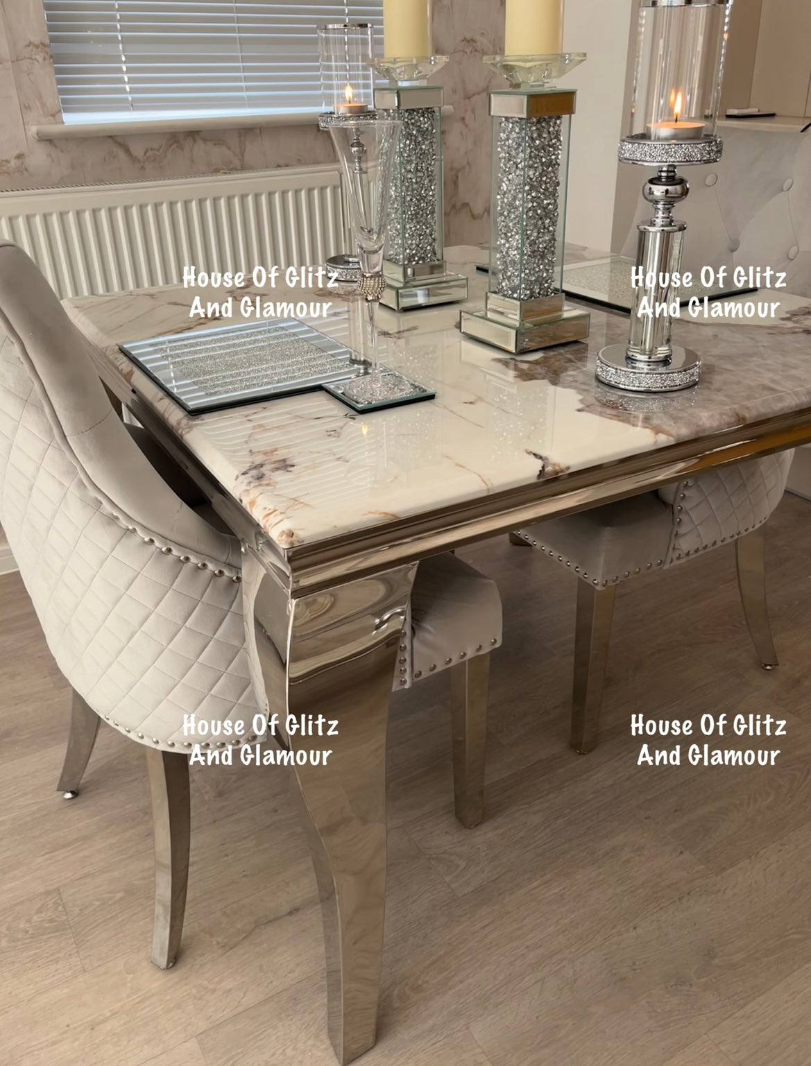 Louis Cream Dining Table With Chrome Legs And Pandora Marble Top
