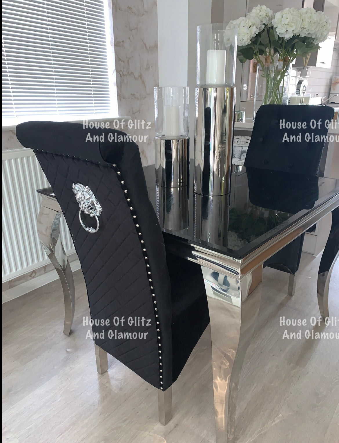 Louis Black Square 1m x 1m Glass & Chrome Dining Table + 4 Lou Lou Black & Chrome Lion Knocker Chairs