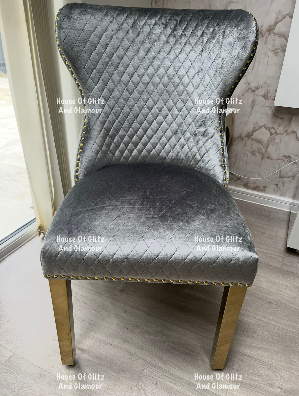 Valentina Grey Crushed Velvet & Gold Lion Knocker Winged Back Quilted Dining Chair