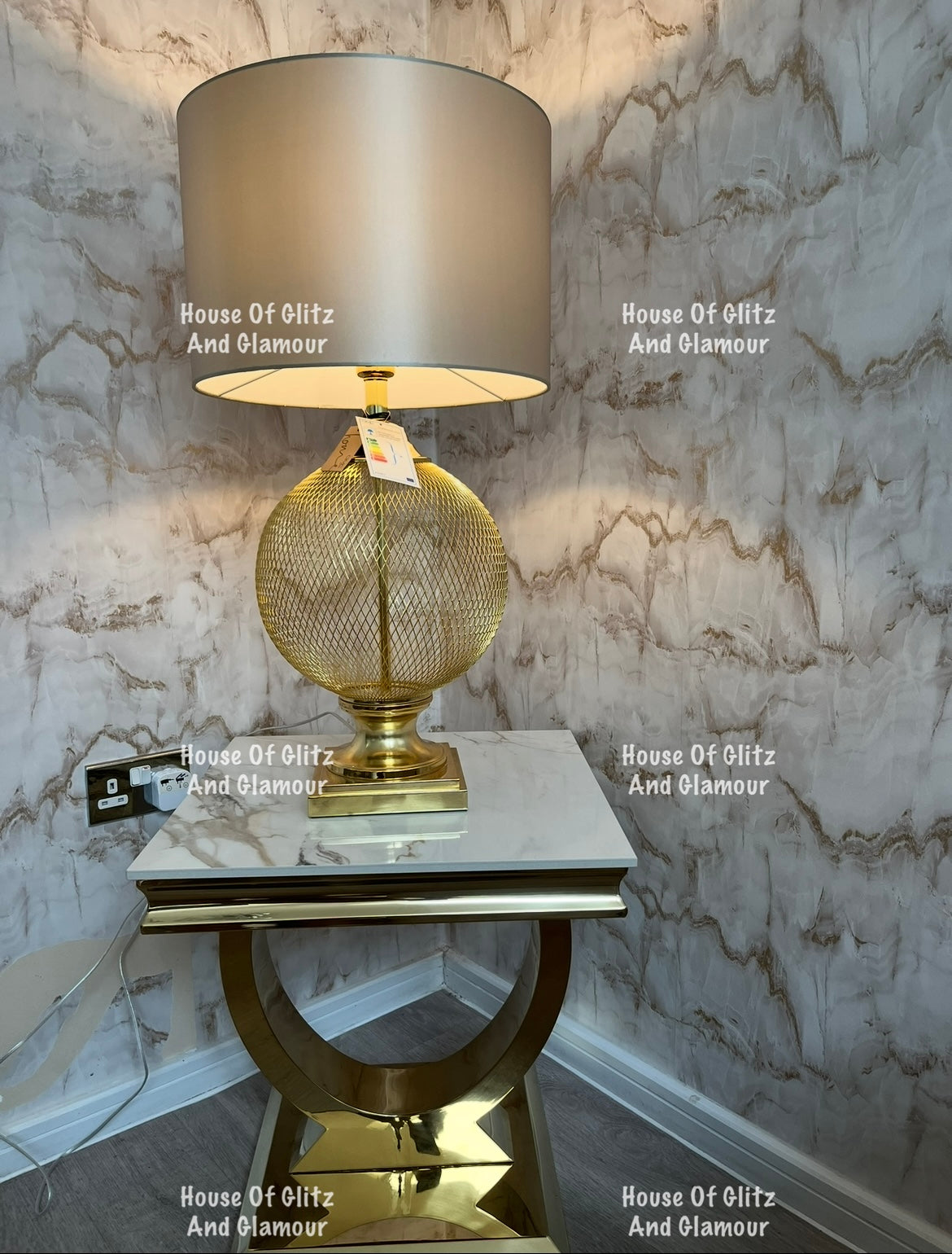 Arianna Kata Gold Marble Patterned Sintered Stone Top & Gold Circular Base Lamp / Side Table 50cm x 50cm