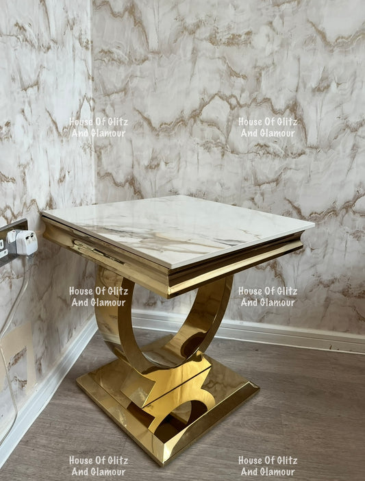 Arianna Kata Gold Marble Patterned Sintered Stone Top & Gold Circular Base Lamp / Side Table 50cm x 50cm