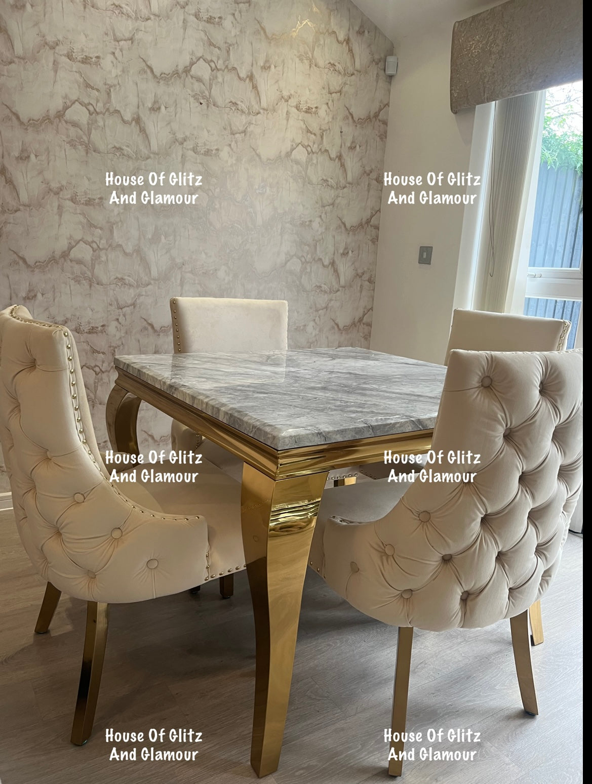 Louis 1m x 1m Grey Marble Dining Table + 4 Bentley Cream Velvet Studded Back Gold Leg Dining Chairs