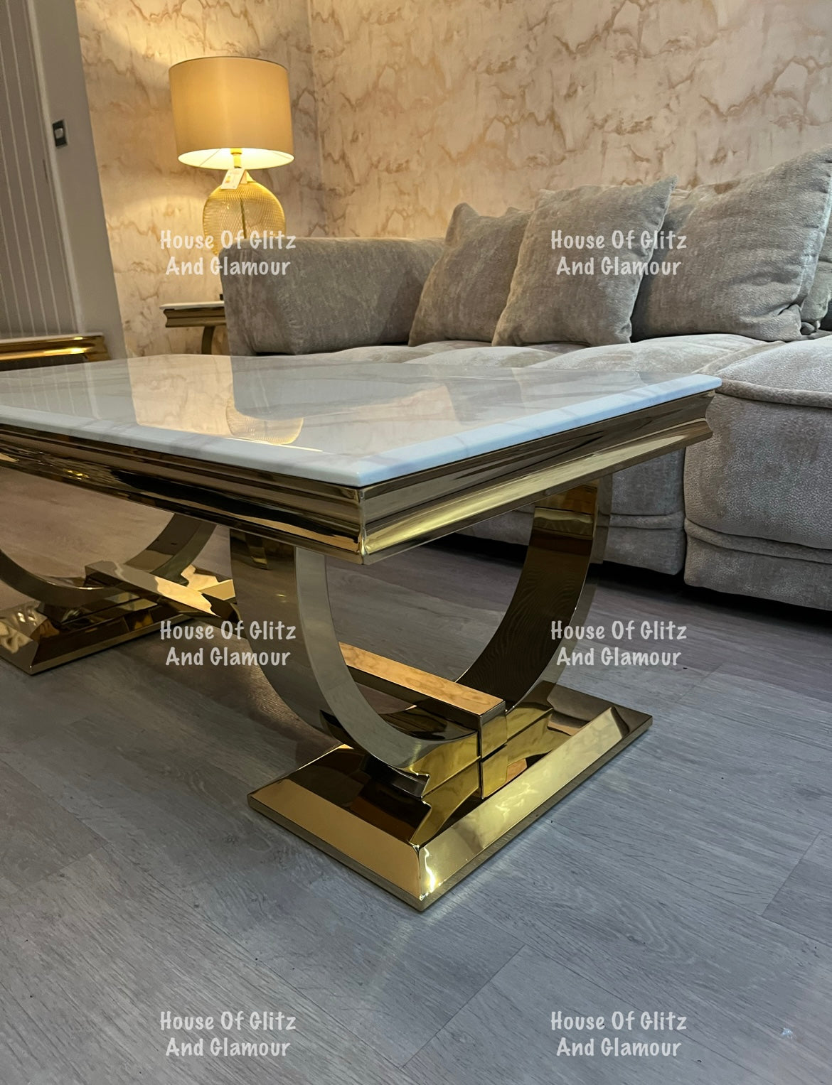 Arianna Gold & White Marble Circular Base Coffee Table 130cm x 70cm x 42cm