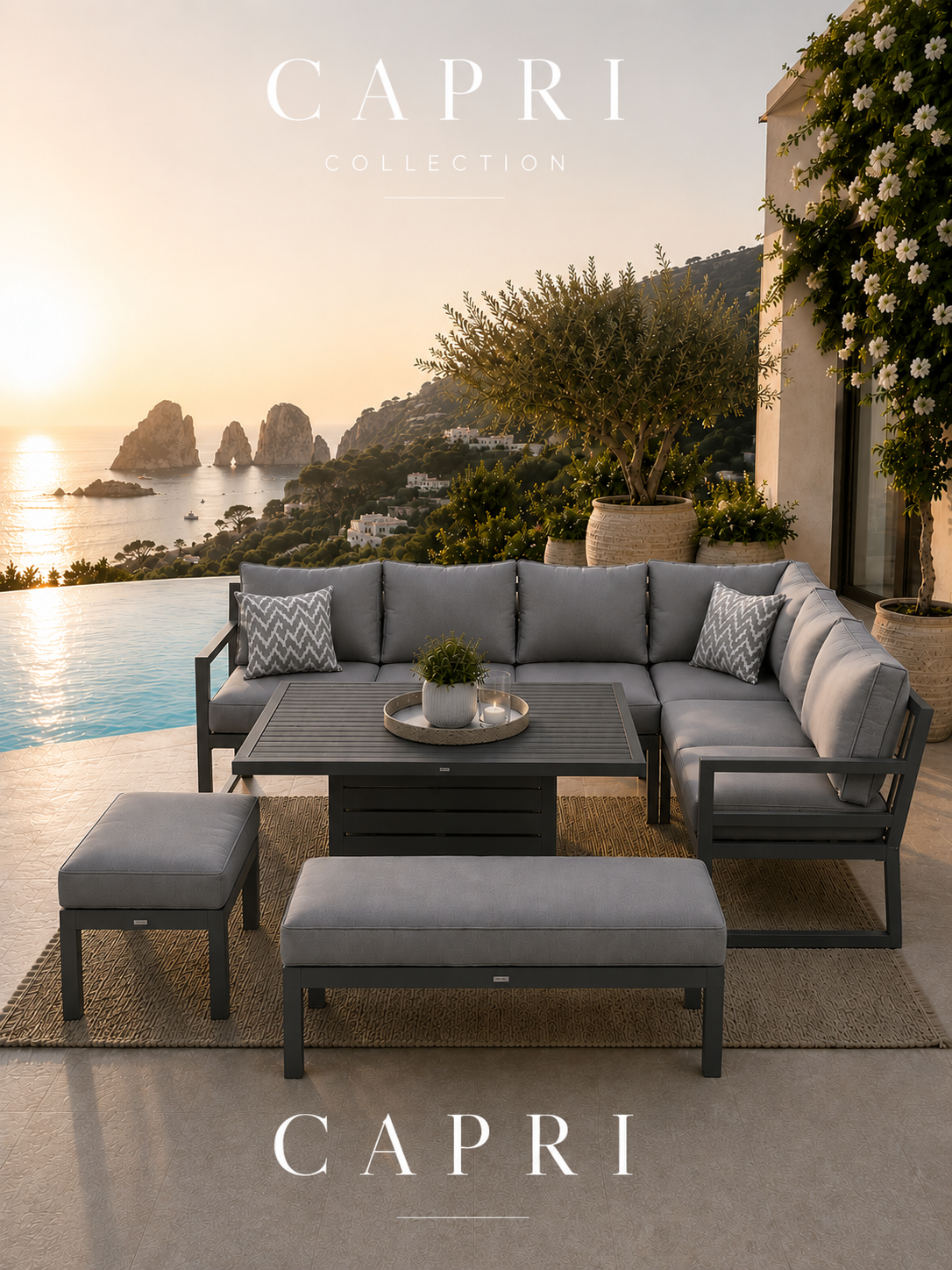 Capri Grey & Black Modular Aluminium Corner Dining Set with Rise & Fall Table