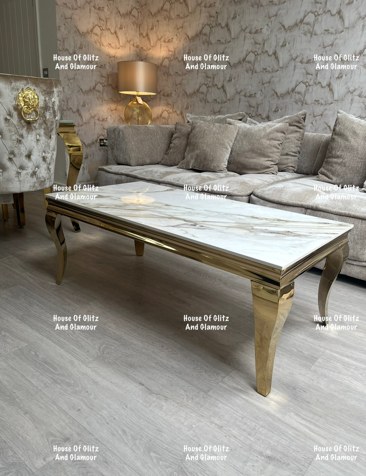 Louis Gold Coffee Table With Kata Gold Marble Patterned Ceramic Top  120cm x 60cm x 42cm