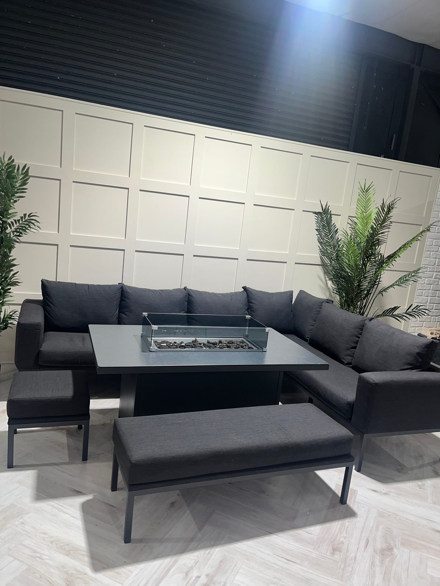 Vancouver Aluminium Firepit Garden Corner Sofa Dining Table Set