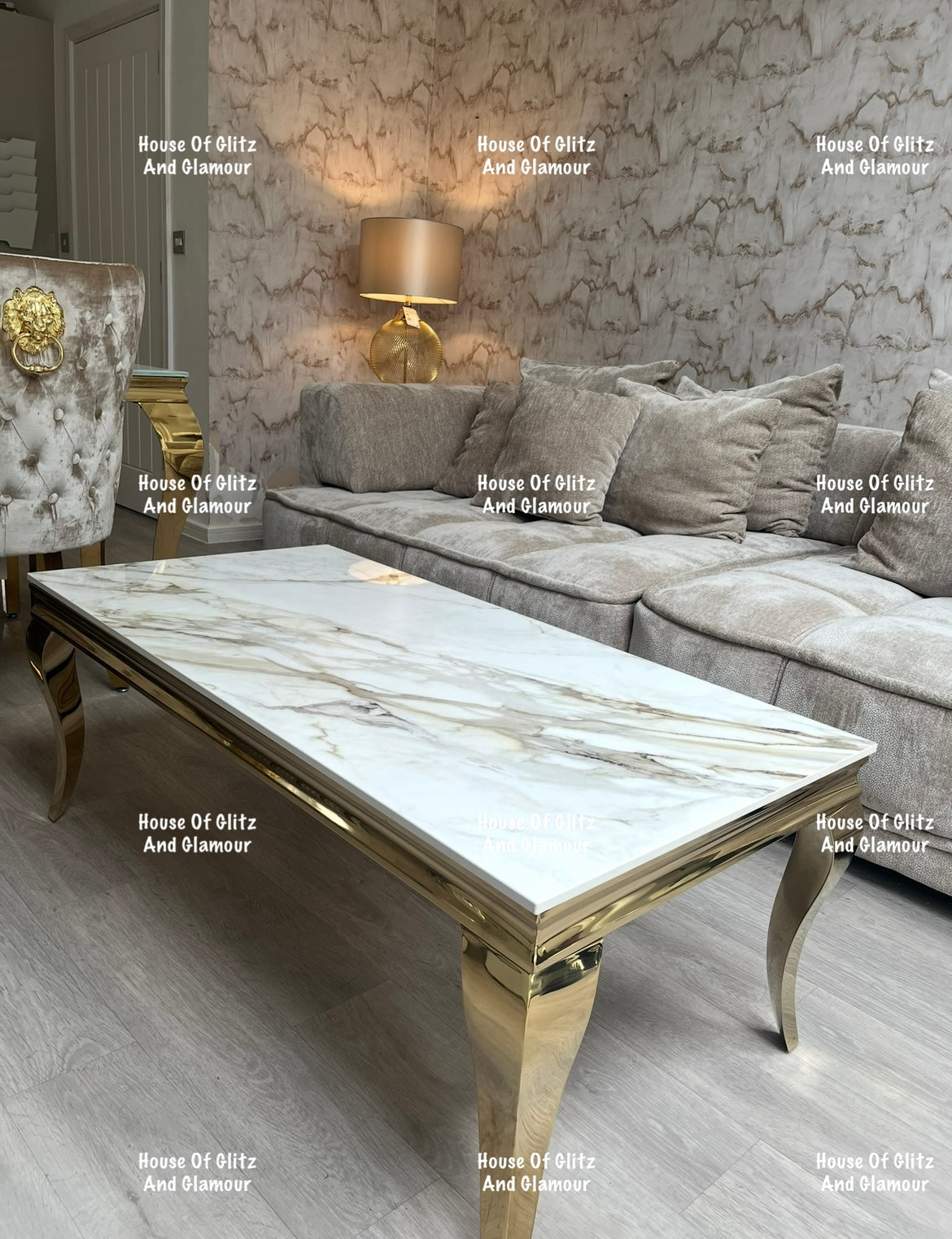 Louis Gold Coffee Table With Kata Gold Marble Patterned Ceramic Top  120cm x 60cm x 42cm