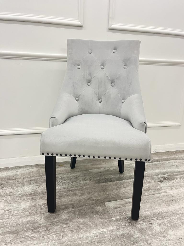 Chelsea Light Grey Velvet Dining Chair With Black Leg And Ring Knocker